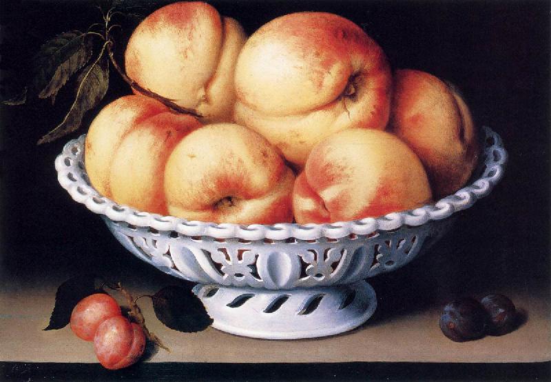 Galizia,Fede White Ceramic Bowl with Peaches and Red and Blue Plums
