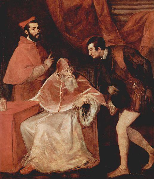 Titian Portrat des Papstes Paulus III mit Kardinal Alessandro Farnese und Herzog Ottavio Farnese. oil painting image
