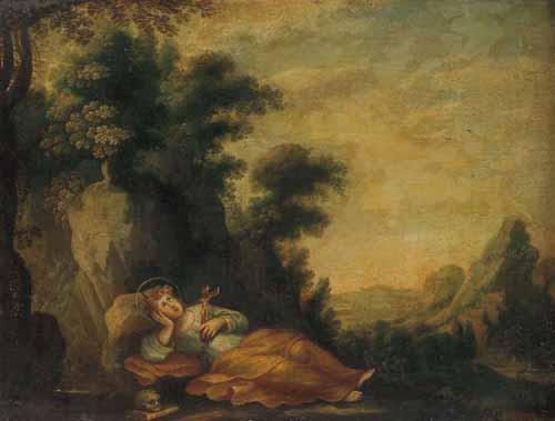 Anonymous Saint Dorothea meditating in a landscape oil painting image