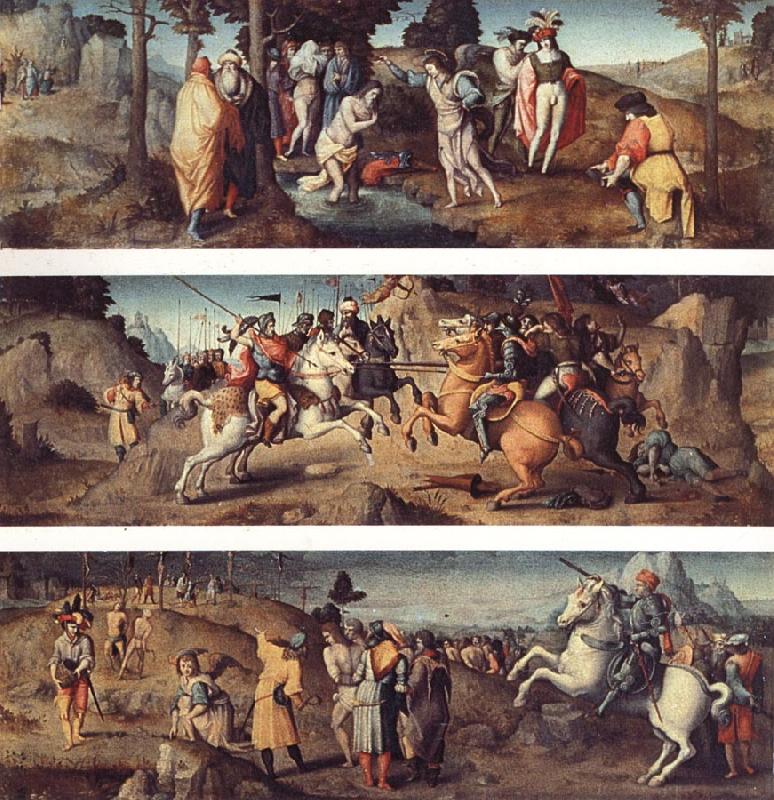 Bachiacca The Baptism of St.Acacius and Company St.Acacius Combats the Rebels with the Help of the Angels The Martyrdom of St.Acacius and Company oil painting image